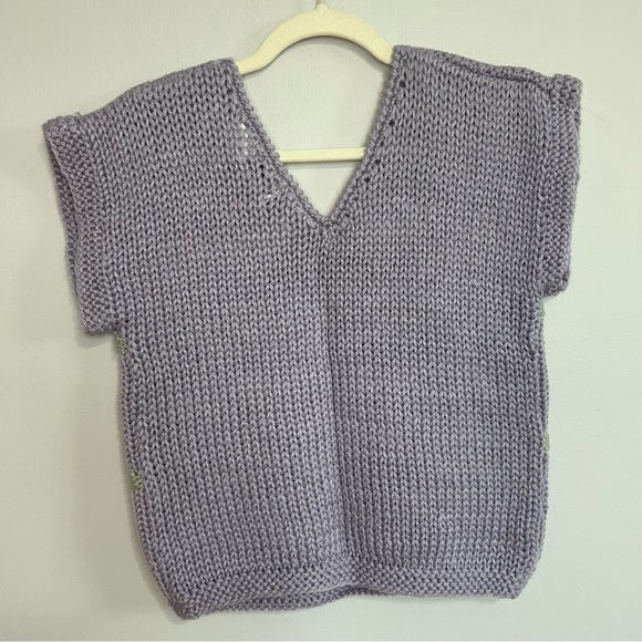 Andrew St. John Purple Green V-Neck Short Sleeve Chunky Knit Sweater Size Small - Picture 3 of 4